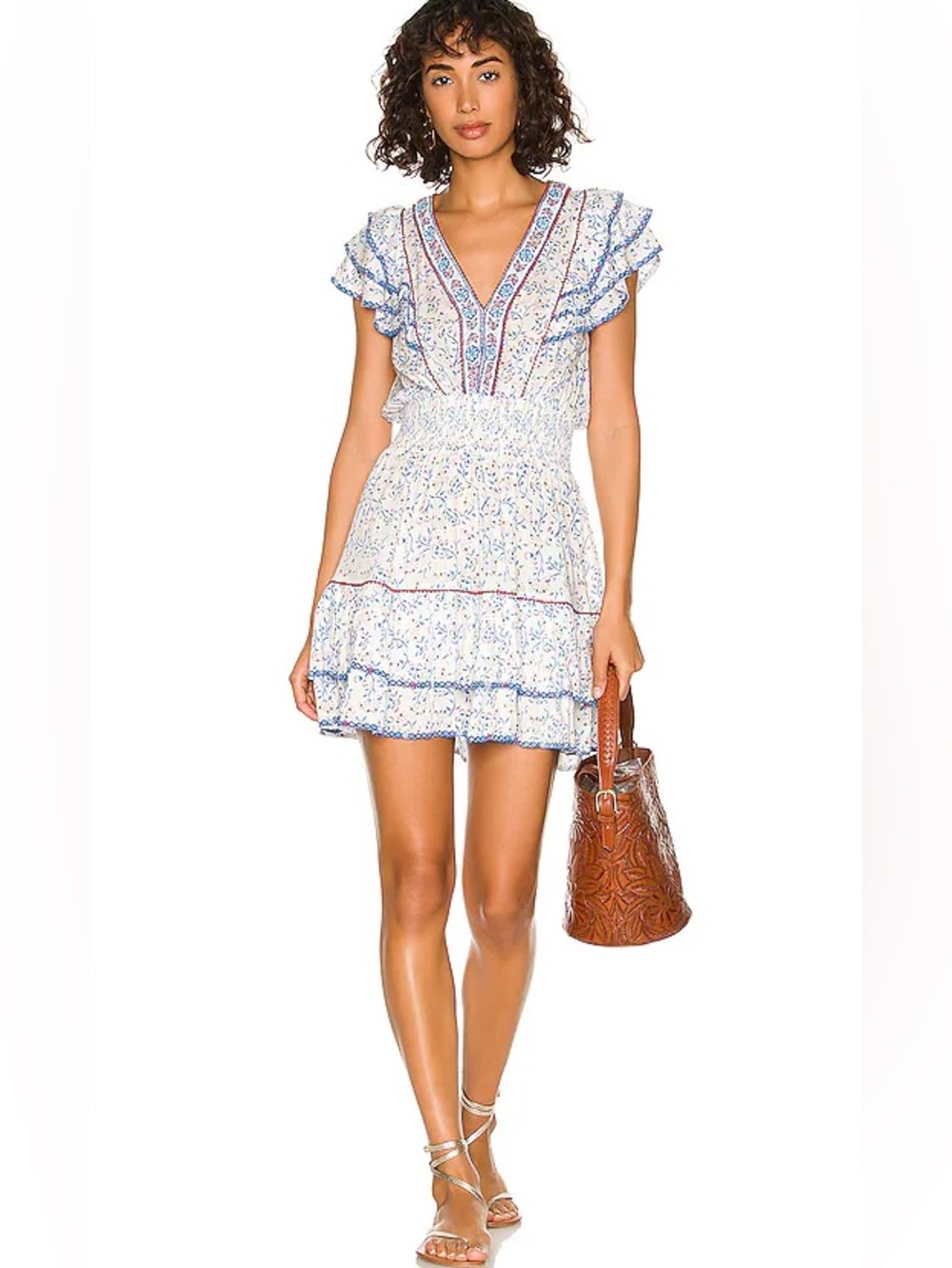 Poupette St. Barth Camila Mini Dress in Blue Cerise Floral Embroidery Women’s L